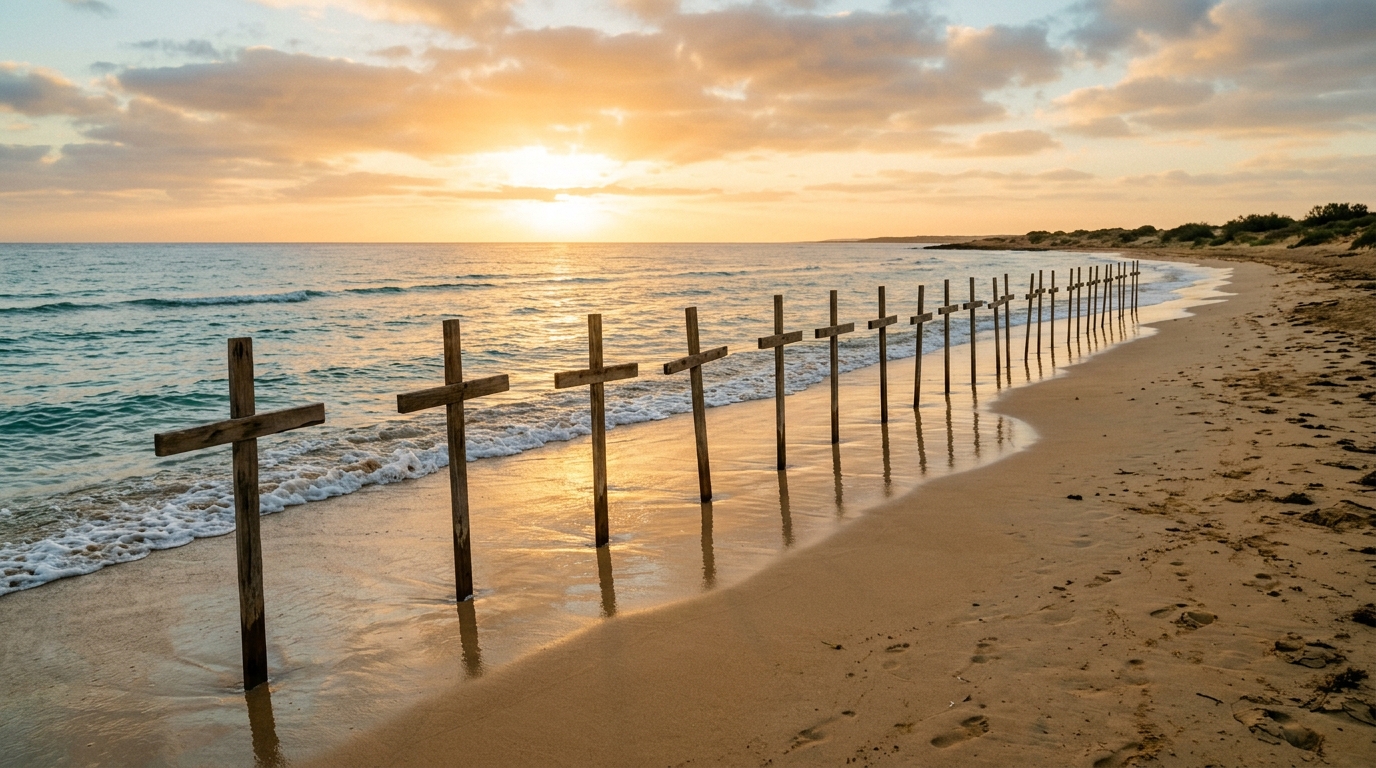 Ultra-realistic poignant photograph of 21 wooden memorial crosses on the sandy beach of Sirte Libya at sunrise