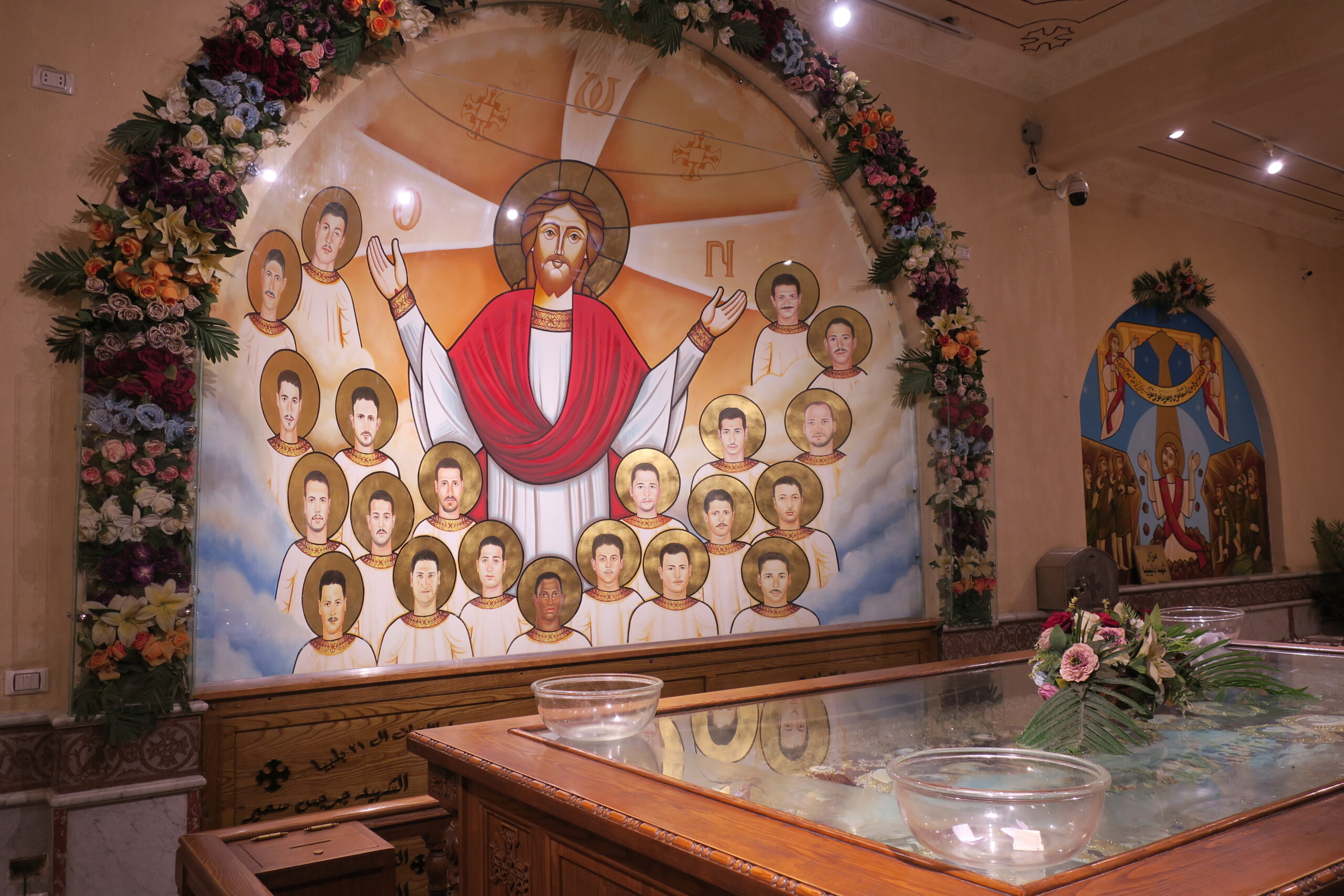 The altar and reliquary shrine of the 21 Coptic Martyrs of Libya at the Church of the Martyrs of Faith and Homeland in Al-Our, Minya, Egypt