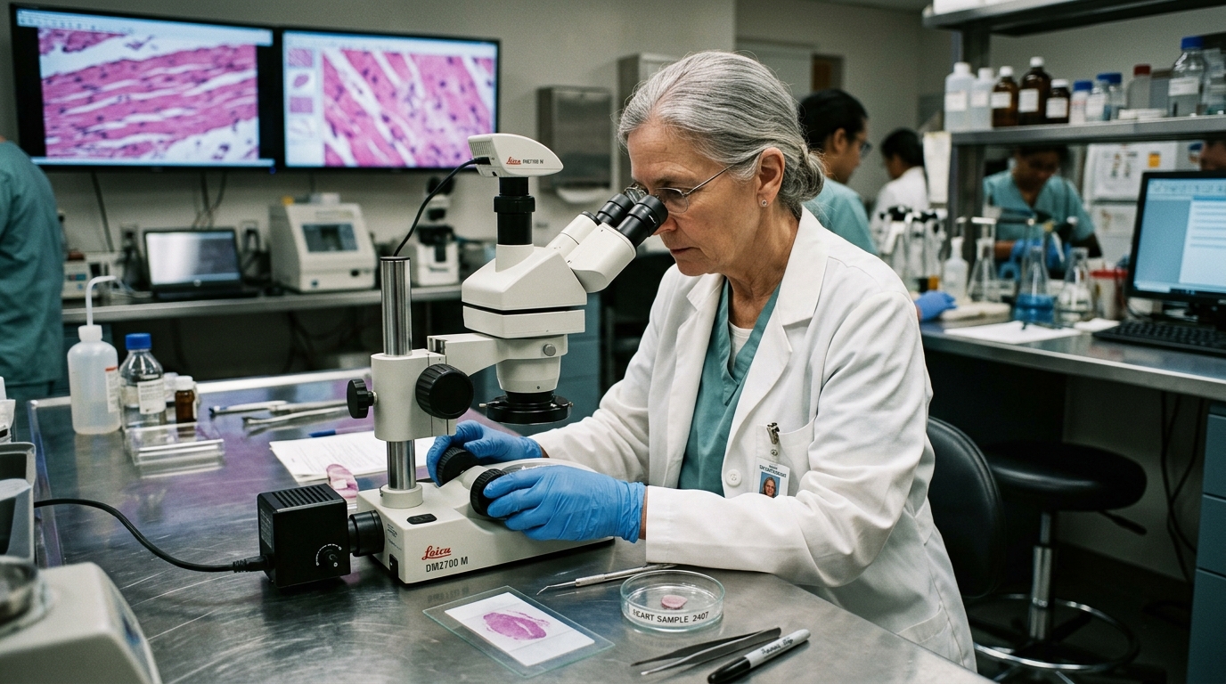 Ultra-realistic documentary photograph of a forensic pathologist examining cardiac tissue samples under an optical microscope in a clinical laboratory