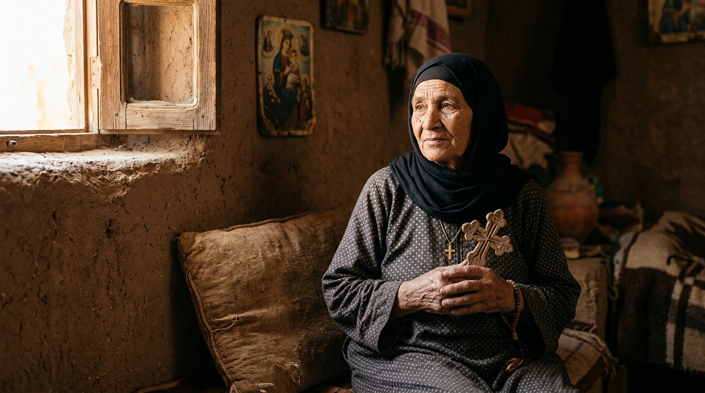 Ultra-realistic documentary portrait of an elderly Coptic Christian mother in Minya Upper Egypt holding a carved wooden cross