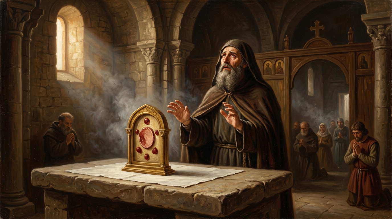 Historical depiction of the 8th-century Basilian monk weeping in awe as the Eucharistic host transforms into living heart tissue in Lanciano Italy
