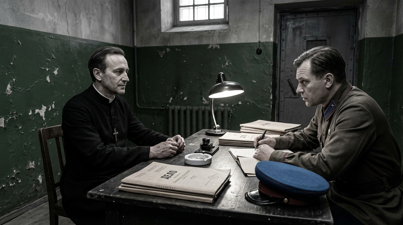 Ultra-realistic historical documentary photograph of Father Walter Ciszek during an interrogation by Soviet secret police in Moscow Lubyanka Prison