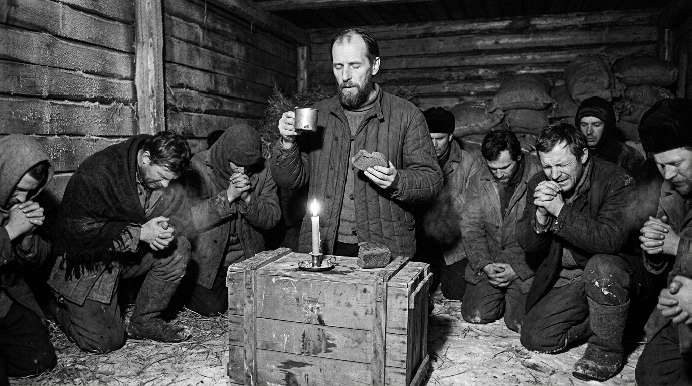 Ultra-realistic historical documentary photograph of Father Walter Ciszek celebrating a secret midnight Catholic Mass in a freezing Siberian Gulag shed