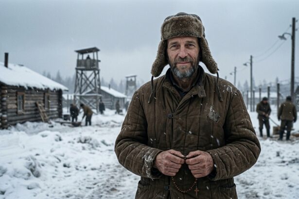 Father Walter Ciszek holding rosary in Soviet Gulag Siberian labor camp