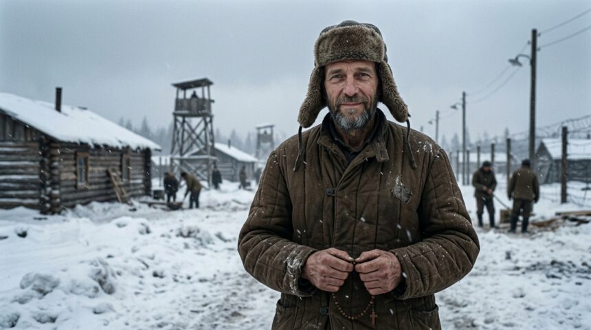 Father Walter Ciszek holding rosary in Soviet Gulag Siberian labor camp