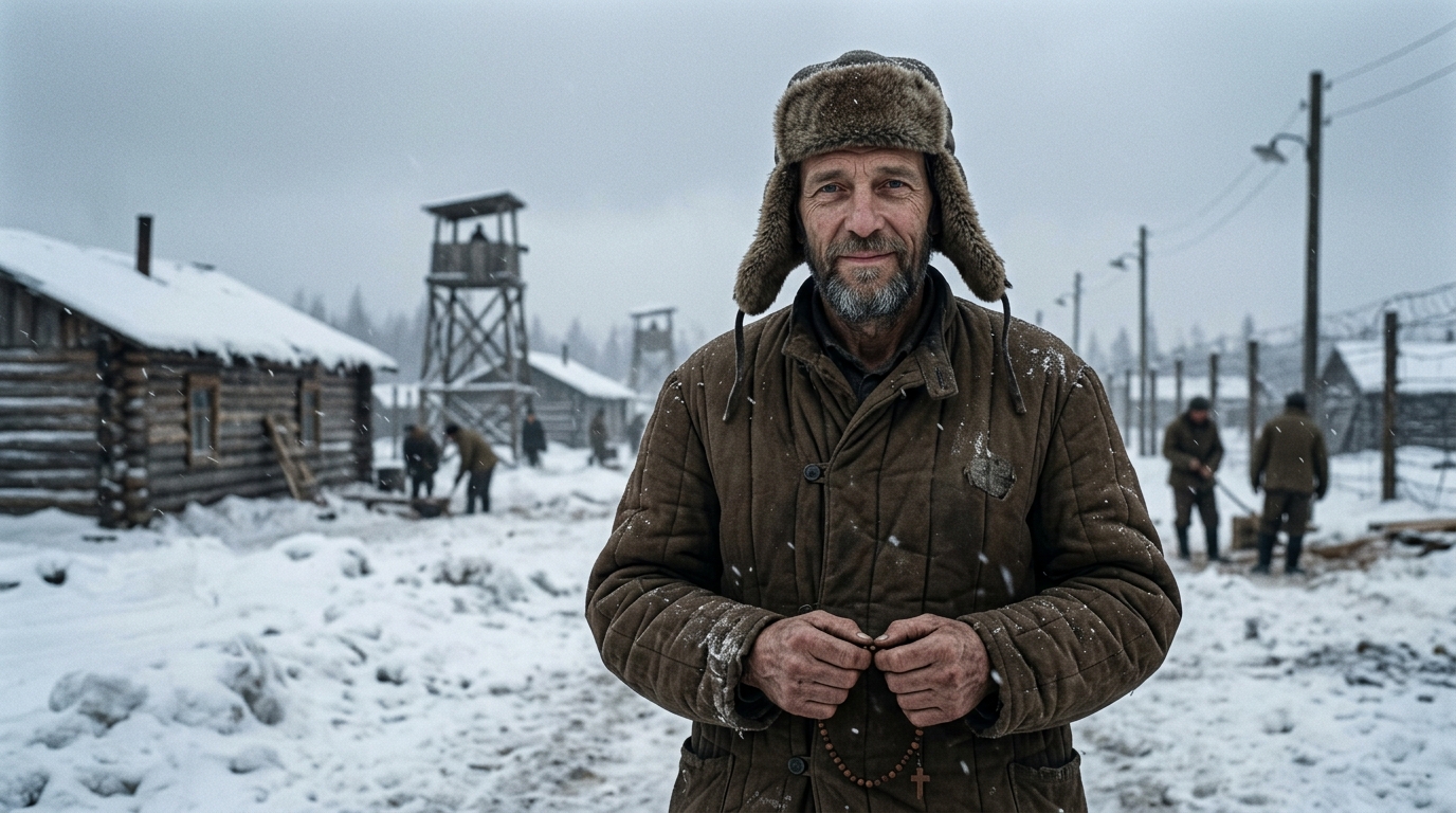 Father Walter Ciszek holding rosary in Soviet Gulag Siberian labor camp