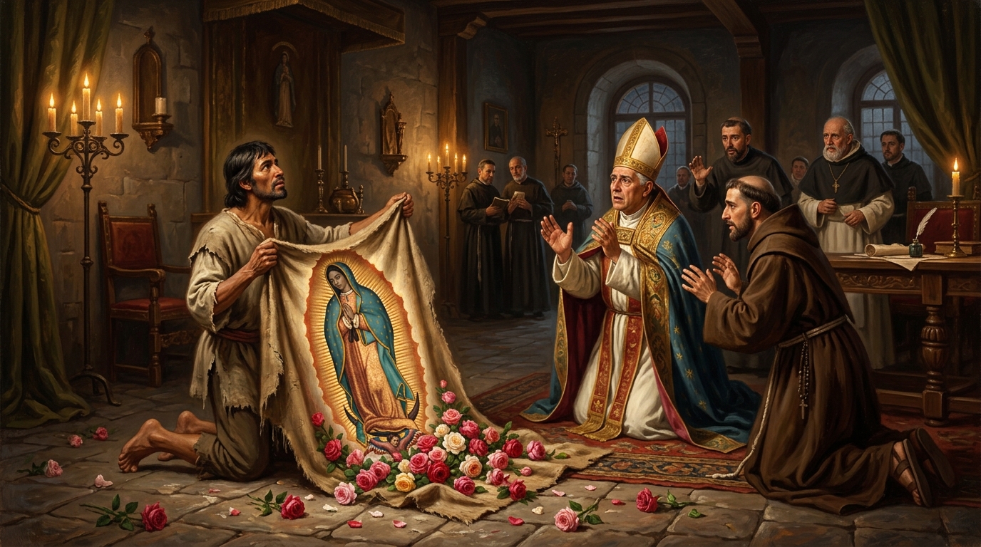 Historical depiction of Juan Diego opening his tilma of Castilian roses before Bishop Zumarraga in 1531 Mexico City