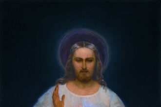 The original 1934 Divine Mercy oil painting by Eugeniusz Kazimirowski painted under the direct supervision of Saint Faustina in Vilnius
