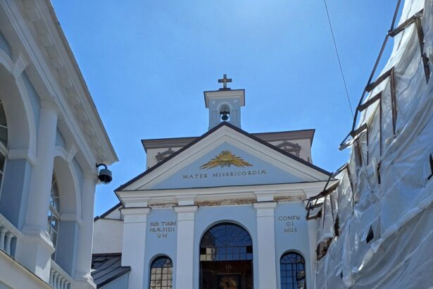 The historic Gate of Dawn (Ostra Brama) shrine in Vilnius, Lithuania, where the original Divine Mercy painting was first displayed to the public in April 1935