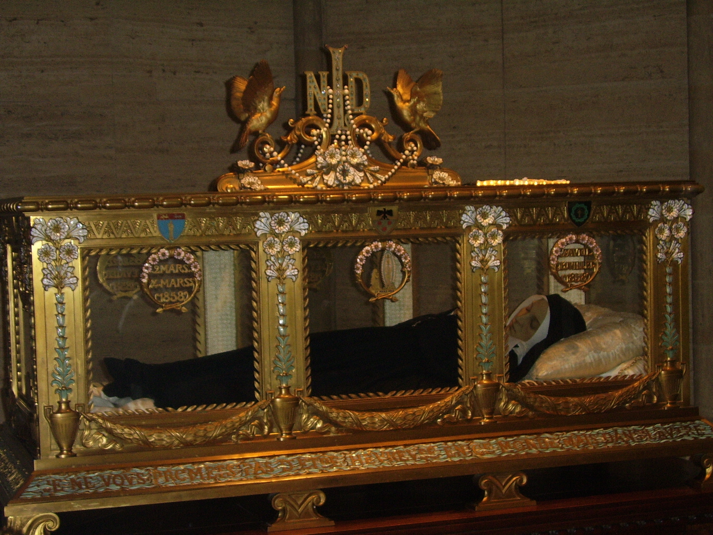 Glass reliquary resting place of Saint Bernadette Soubirous at the Chapel of Saint Gildard in Nevers, France