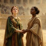 Saints Perpetua and Felicity standing hand in hand in the Roman colosseum arena of Carthage