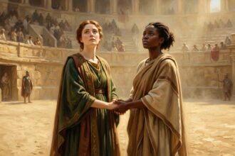 Saints Perpetua and Felicity standing hand in hand in the Roman colosseum arena of Carthage