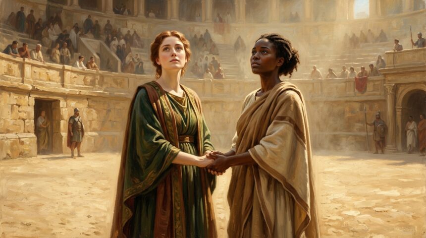 Saints Perpetua and Felicity standing hand in hand in the Roman colosseum arena of Carthage