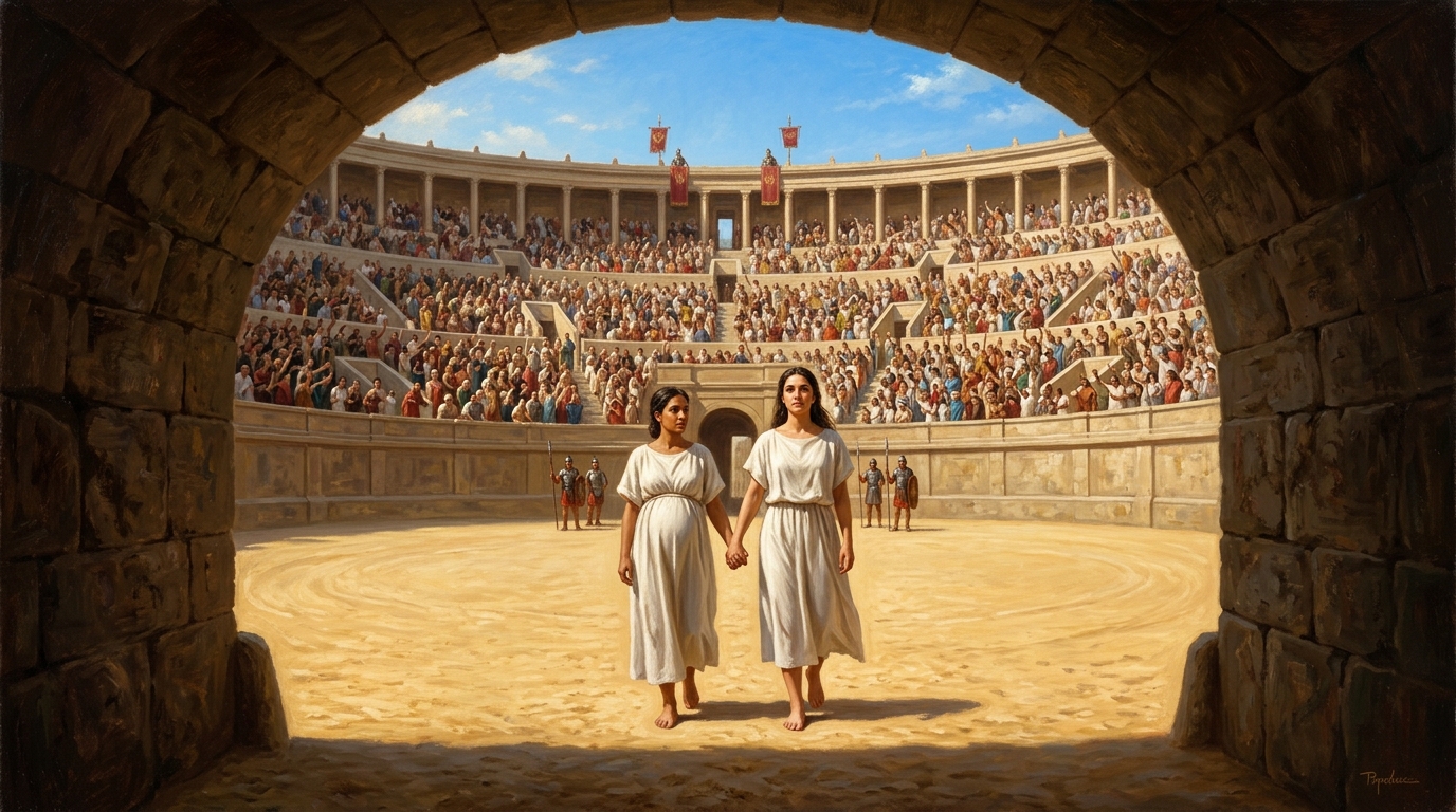 Classical realism painting of Saints Perpetua and Felicity walking hand in hand into the sand arena of the Roman amphitheatre of Carthage