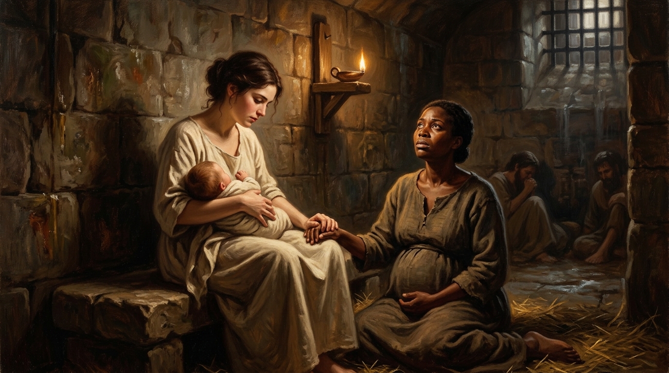 Classical realism painting depicting Saints Perpetua and Felicity praying together in the stone dungeon of Carthage in 203 AD
