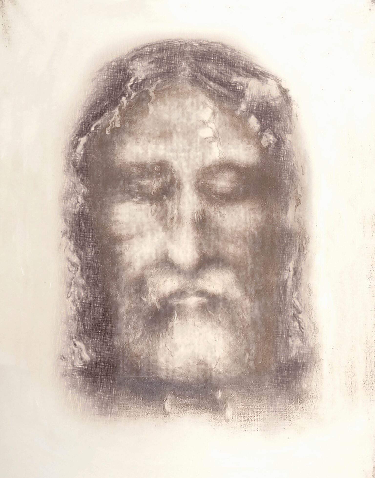 High resolution archival photograph of the face on the Shroud of Turin used for biometric comparison with the Vilnius Divine Mercy painting