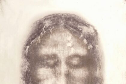 High resolution archival photograph of the face on the Shroud of Turin used for biometric comparison with the Vilnius Divine Mercy painting