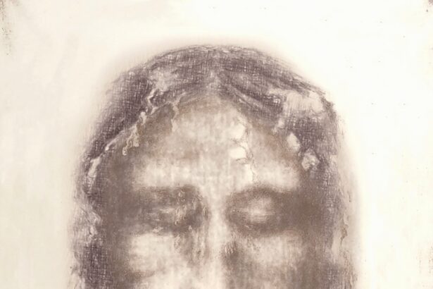 High resolution archival photograph of the face on the Shroud of Turin used for biometric comparison with the Vilnius Divine Mercy painting