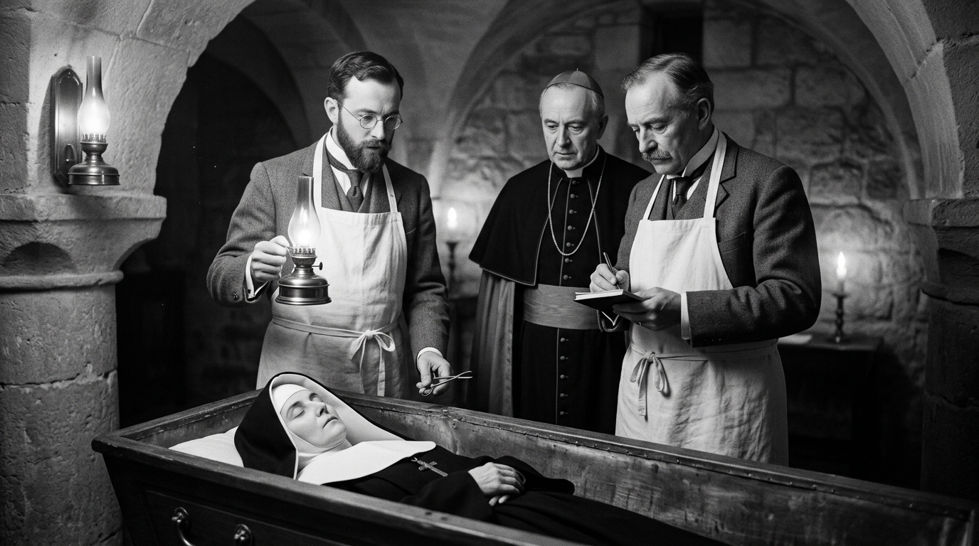Ultra-realistic historical documentary photograph of French physicians and the Bishop of Nevers inspecting the incorrupt body of Saint Bernadette in 1909