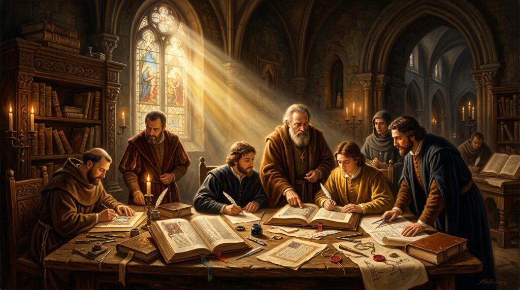 Christian scholars and contributors collaborating on sacred manuscripts, archival accounts, and architectural plans in an illuminated cathedral scriptorium